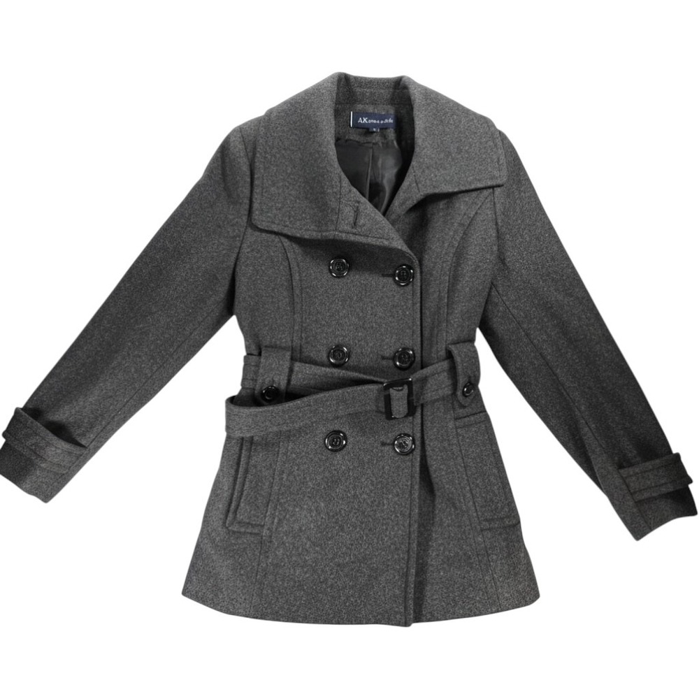 Anne Klein Womens Charcoal Gray Wool Blend Double Breasted Belted Pea Coat M